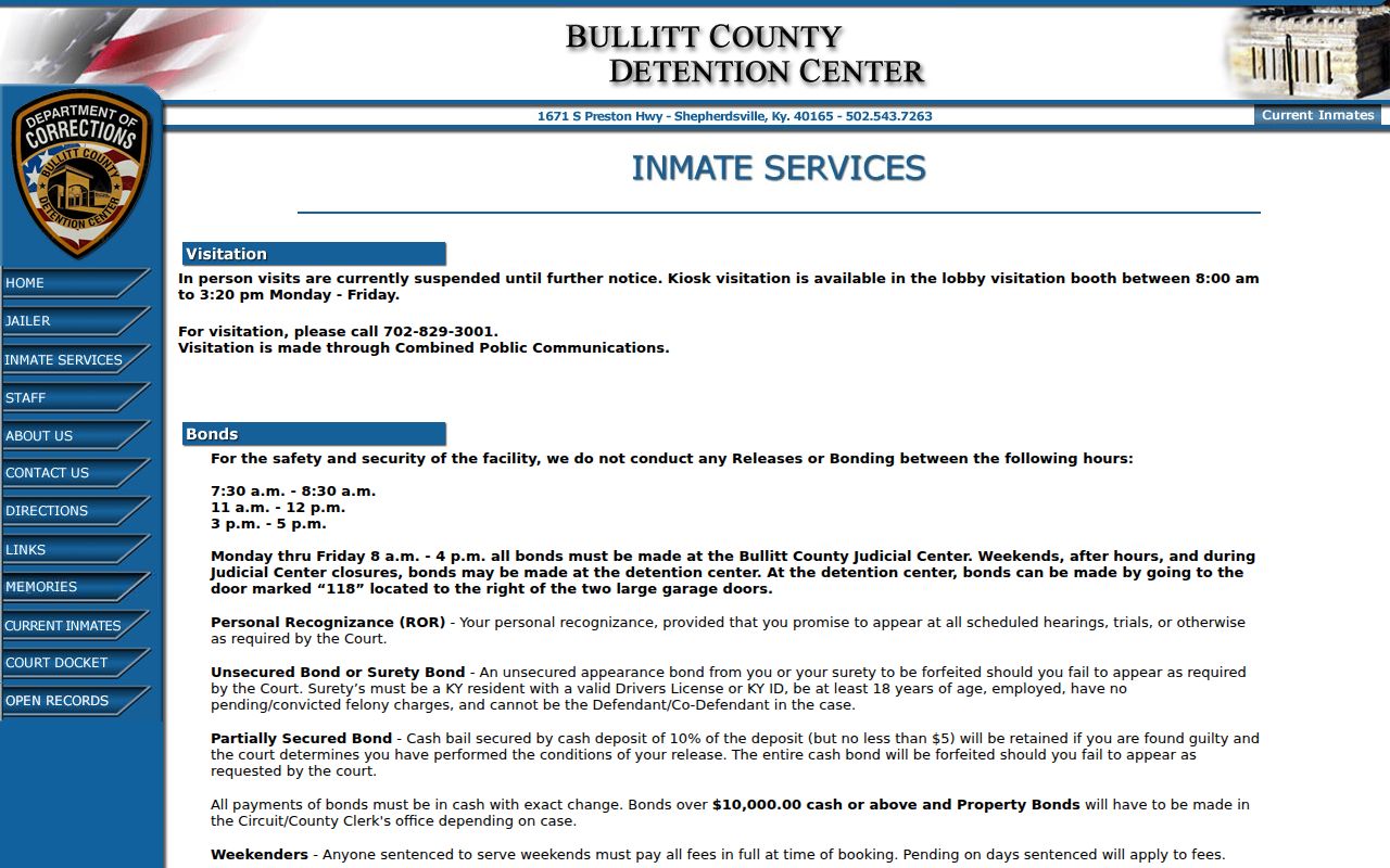 Bullitt County arrest bond and inmate services information
