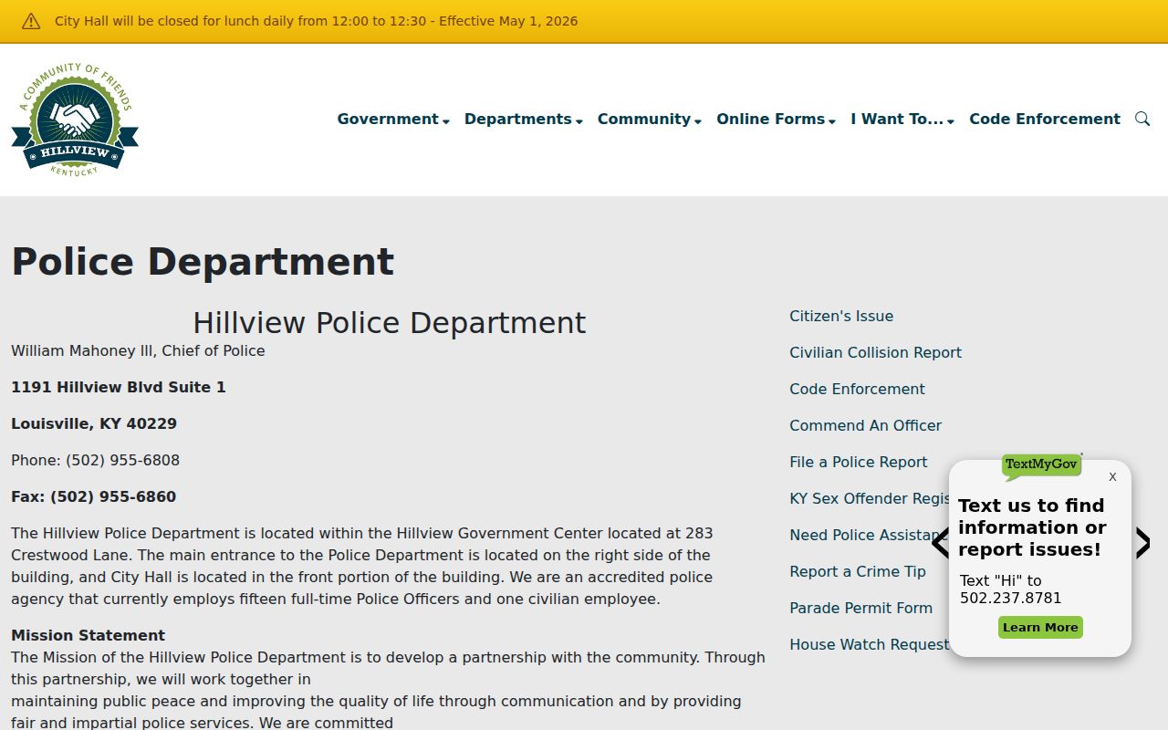 Hillview Police Department page for criminal records